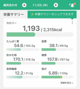 カロリー計算アプリのスクショ（１日の総摂取カロリー）